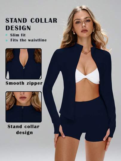 Chaqueta académica elegante de manga larga con ojales para el pulgar, de estiramiento cómodo para danza/pilates, con cremallera frontal que estrecha la cintura y escote bajo, de uso versátil de calle a estudio, con costuras moldeadoras, corte de cobertura total con silueta estilizada, cremallera frontal de manga larga con ojales para el pulgar, control de abdomen, dardos realzadores de busto, construcción de estiramiento de 360°, protector antideslizante de cremallera, chaqueta ajustada para mujer