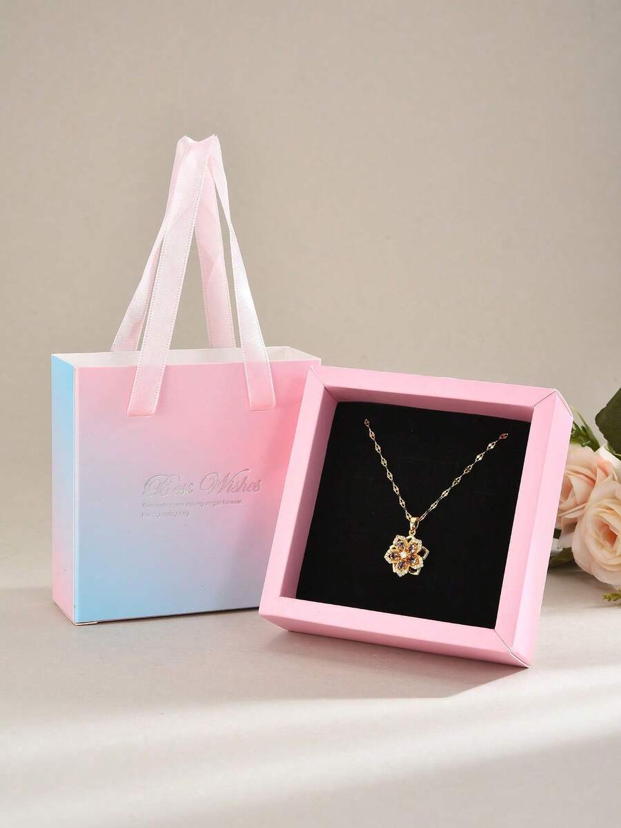 1pc Sparkling Zirconia Purple Rotatable Five-Petal Flower Stainless Steel Necklace Jewelry Gift Box, Brings Good Luck And Wealth, Suitable For Daily, Festivals, Anniversaries, Valentine's Day, Birthdays, Christmas, Best Gift For Loved Ones, Christmas Gift