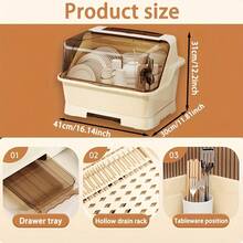 [Cream Dish Drying Rack] Multi-Functional Cream Dish Drying Rack With Lid - Space Saving, Dust Proof Kitchen Storage Cabinet, Utensil Organiser With Drainage Plate - 米色 - 查看 4