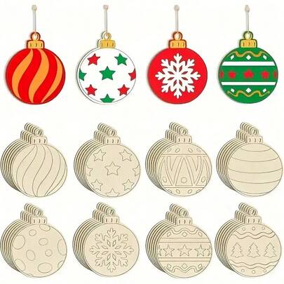 1 Set Of 8pcs Creative Wooden Christmas Ornaments, DIY Painting Crafts - 8 Designs (Stripes, Stars, Snowflakes, Geometric Patterns) With Twine Rope Decoration. Perfect For Winter Decoration And Gifts, Holiday Decorations | Christmas Ornaments