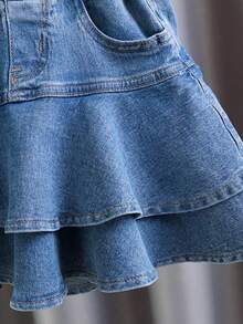 Young Girl Summer Versatile Pocket Ruffle Hem Denim Mini Skirt - Blue - View 5