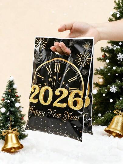 10/25/50个装 2026新年快乐礼品袋，黑金新年烟花时钟图案糖果袋，适用于新年室内/室外派对、新年装饰、2026新年家庭聚会礼品包装、新年庆祝糖果袋装饰、新年厨房和餐厅装饰、房间装饰、家居装饰桌面摆件、新年礼物、节日餐桌装饰
