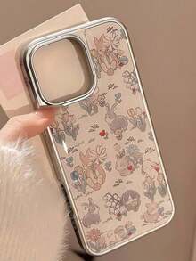GUCADI 1pc Diseño de Conejo de Flores con Borde Plateado Funda de Teléfono de Carcasa Dura con Recubrimiento de Epoxi Compatible con la Serie Apple 16/15/14/13 - Multicolor - Ver 2