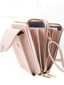 Bolso de mensajero, una bolsa multifunción de gran capacidad con doble capa y cremallera, cartera para teléfono móvil, imagen suave y sencilla de moda, para ocio, vacaciones y citas - Rosa Pálido - Ver 4