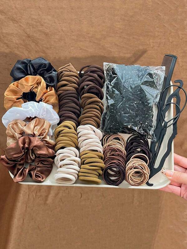 1209pcs/Set Women's All-Match Hair Accessories Kit, Versatile Neutral Color Elastic Hair Ties, Satin Hair Scrunchies, Mini Ponytail Holders, Braiding Tools Hair Styling Set, Daily Hair Accessories