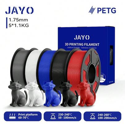 Filamento de impresora 3D transparente JAYO 3D PETG/PETG 1,75 ±0,02mm 5 /10 rollos de filamento bien herido de alta dureza que se adapta a la mayoría de las impresoras FDM