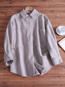 Women's Solid Color Long Sleeve Shacket With Pockets, Autumn/Winter - Khaki - View 2