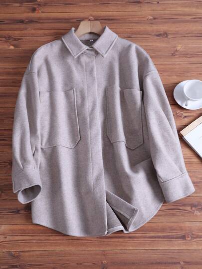 Women's Solid Color Long Sleeve Wool Shacket With Pockets, Autumn/Winter