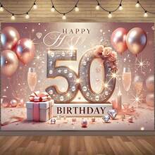 50th Birthday Backdrop Banner, Gold And Rose Gold 50th Birthday Celebration Banner, Elegant Party Decor With Champagne Glass, Balloons And Gift Box Design, Suitable For Indoor/Outdoor Use, 50th Birthday Party Decorations, Cake Table Decor, Home Garden And Living Room Decor - Multicolor - View 3