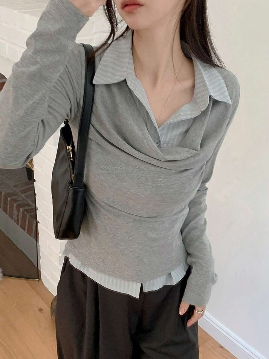 Áo kiểu nữ thanh lịch cổ bẻ dáng ôm 2 trong 1 tay dài kẻ sọc, thích hợp cho mùa xuân. - Màu Xám nhạt - Xem 1