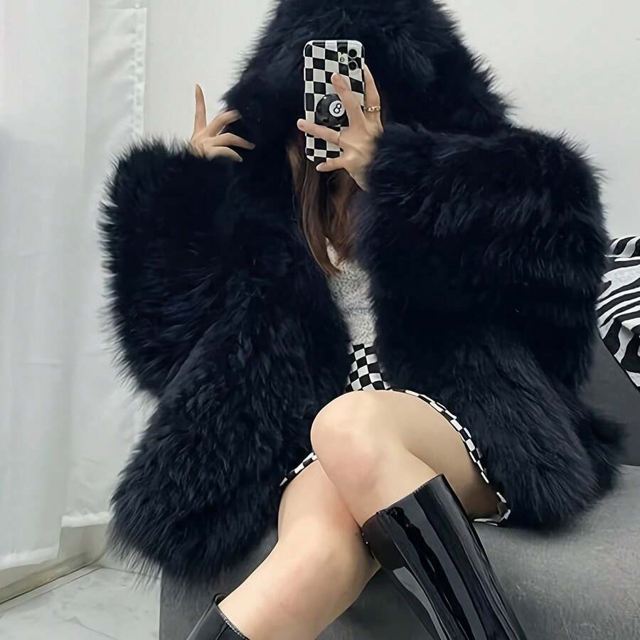 Women's Blue Faux Fur Coat With Hood & Fluffy Collar - Elegant Winter Jacket, Machine Washable Long Sleeve Outerwear For Women, Cozy Fall & Winter Outerwear, Winter Clothes For Women, Jackets For Women, Coats For Women, Winter Jacket For Women, Winter Coat Women, Winter Coats For Women, Coats For Women Winter, Winter Outfits For Women, Shawls For Women Elegant Classy, Winter Jackets For Women, Jackets For Women Winter, Autumn Clothes Women, Winter Clothes Women, Fall Clothes - màu đen - Xem 1