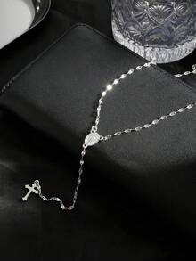 1pc Vintage Style Women's New Cross & Virgin Mary Tag Pendant Necklace With Tassel, Delicate Faith Jewelry For Daily Wear, Birthday, Anniversary, Party Gift