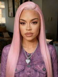 Pink Straight Human Hair Wigs Natural Looking Bone Straight Human Hair Wig 13x4 Transparent Lace Frontal Wig Pre Plucked With Baby Hair Pink Wigs For Women Daily Use 180 Density - 粉色 - 查看 8