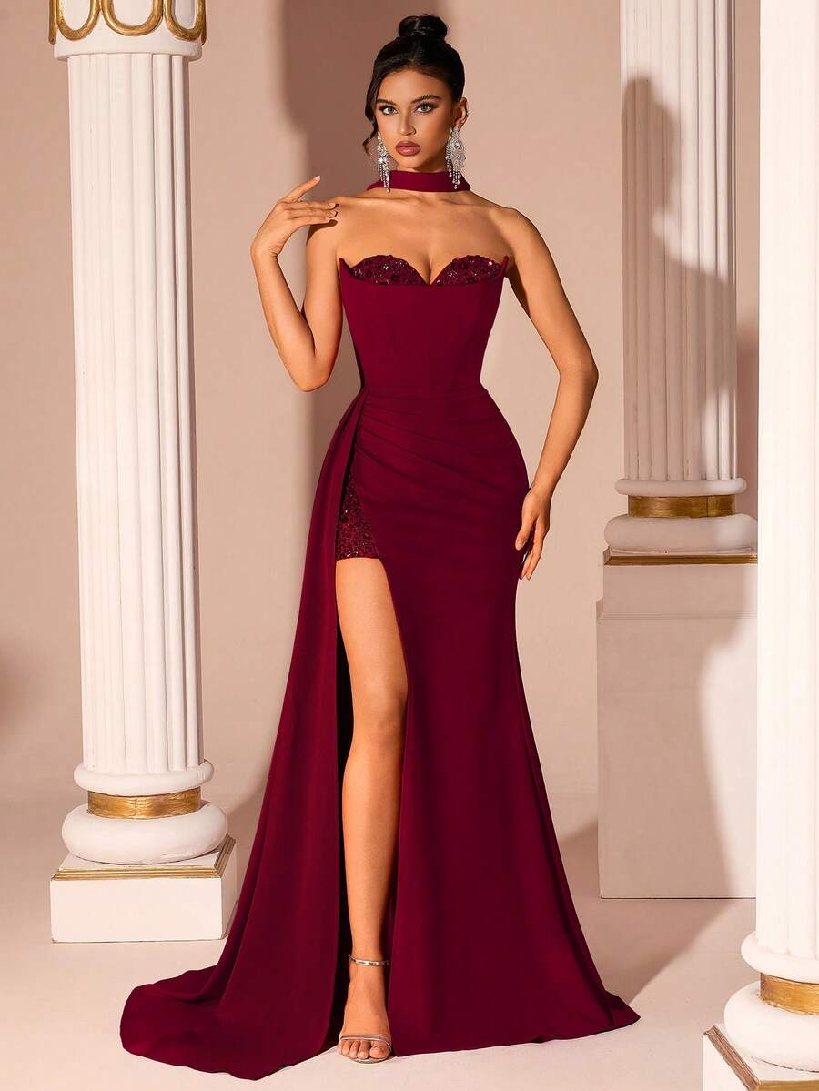 闪亮拼接露背礼服，开衩设计，适合鸡尾酒会、晚宴、约会、正式晚宴、优雅场合、新年活动、情人节婚礼等春季场合。 - 酒紅色 - 查看 1