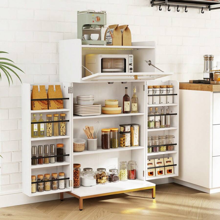 Kitchen Pantry Cabinet Power Outlet & APP Control LED Lights Acrylic Flip Door - View 1