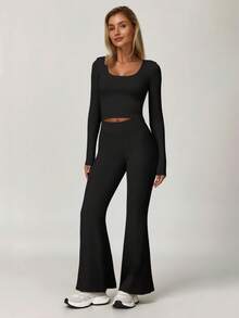 Women's Fashion U-Neck Long Sleeve T-Shirt And Waist Crossover Sports Pants Autumn Winter,Fleece