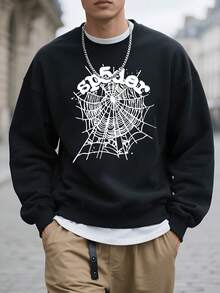 Men's Casual Long Sleeve Round Neck Pullover Sweatshirt For Fall And Winter Spider Web Graphic Print Oversized Streetwear Sweatshirt Black Cotton Blend Comfortable Fashion Sweater For Men - màu đen - Xem 1