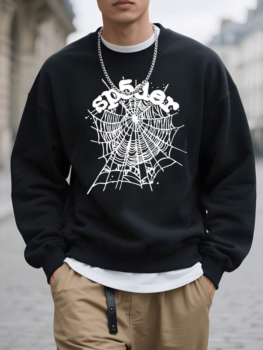 Men's Casual Long Sleeve Round Neck Pullover Sweatshirt For Fall And Winter Spider Web Graphic Print Oversized Streetwear Sweatshirt Black Cotton Blend Comfortable Fashion Sweater For Men - màu đen - Xem 1