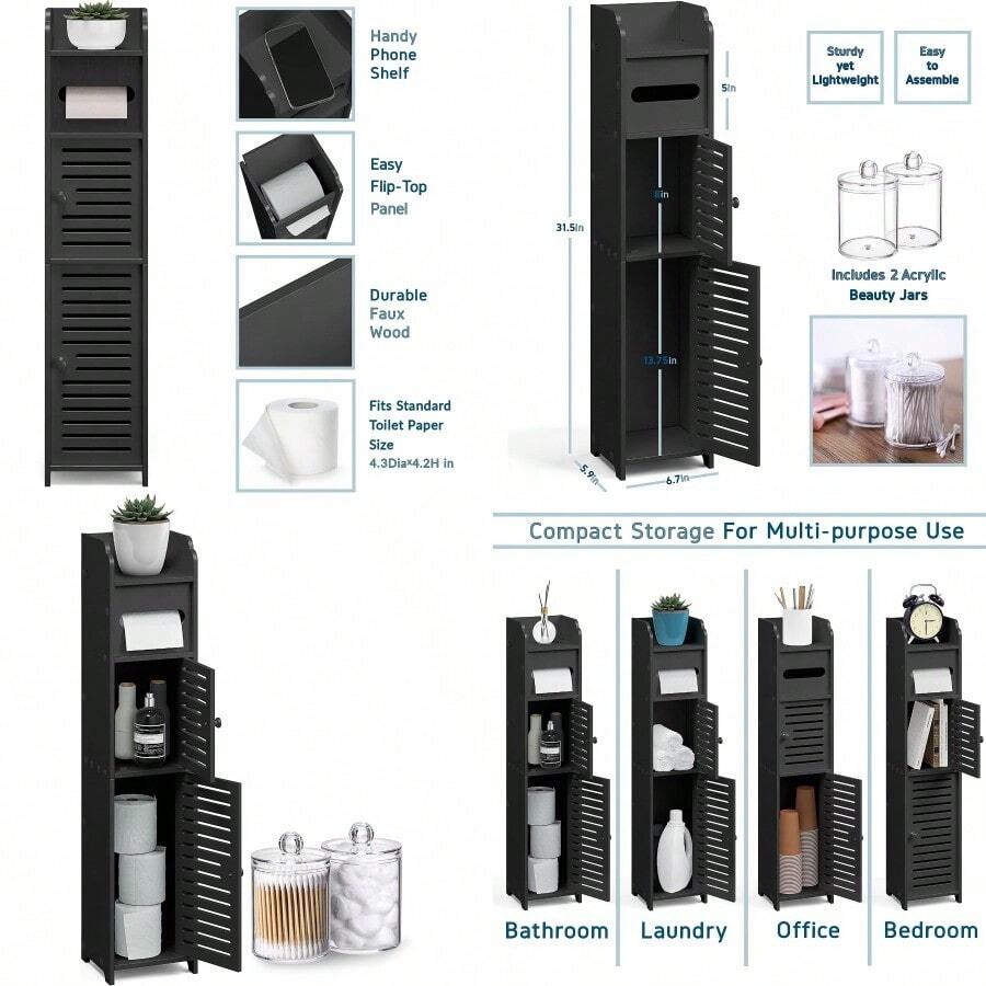 Storage Cabinet With Doors For Toilet Paper Floor Standing Bathroom Organizer With 2 Apothecary Decor Jars Shelf Organizer Black - 黑色 - 查看 1