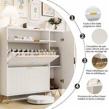 MISNODE Meuble à chaussures blanc avec 2 portes pliantes, étagère à chaussures avec tiroir et étagère de rangement, étagère à chaussures étroite, dispositif anti-basculement, pour entrée couloir couloir chambre salon, 110 x 24 x 114,5 cm - Blanc - Voir 9