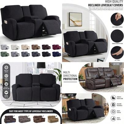 KinCam Loveseat Recliner Covers With Middle Console Slipcover Recliner Sofa Covers 2 Seat Couch Cover Stripe Jacquard Furniture Protector Covers With Elastic Bottom For Pets Black