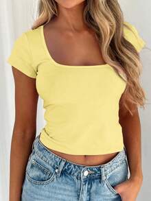 Vaiaye Top court ajusté sexy style Y2K à col carré tricoté de couleur unie avec design à la taille, convient pour le port casual quotidien et les tenues du Nouvel An - Jaune citron - Voir 8