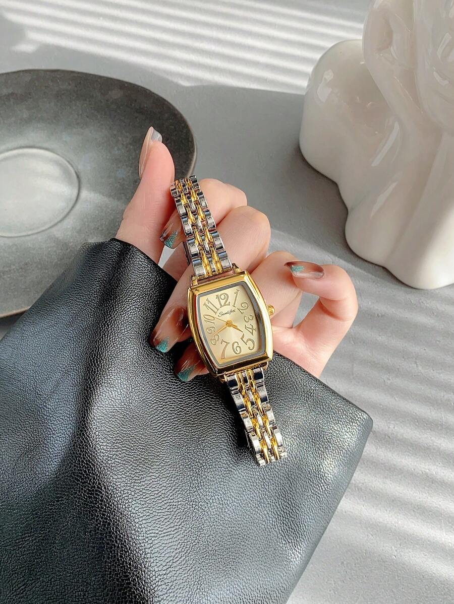 1 pieza de reloj de cuarzo con esfera digital cuadrada dorada para mujer, de moda, adecuado para uso diario y como regalo de cumpleaños - Dorado - Ver 1