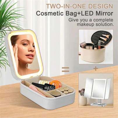 En kompakt LED-sminkspegellåda för kvinnor till jul, med smyckesförvaring, justerbar ljusstyrka, tre ljuslägen, lätt att bära, lämplig som resetillbehör för resor runt om i världen, dagligt nödvändigt, sminkförvaring, billiga produkter för kvinnor, sminkvård, sminkförvaringslåda, ett trendigt föremål för minifester.