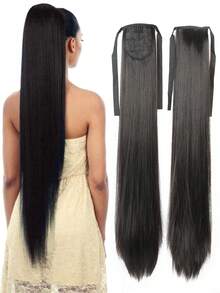 18~34 Inch Synthetic Fiber Ponytail Extensions, Long Straight Black Ponytails, Tie-On Ponytails, Long, Smooth, High-Top Ponytails For Women. - Multicolor - View 8