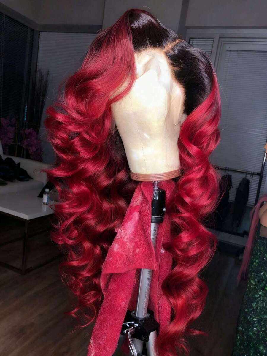 Ombre Burgundy 250 Density Body Wave High Density 13X4 HD Transparent Lace Frontal Human Hair Wigs For Women Knots Bleached Pre Plucked With Baby Hair 99J Burgundy With Dark Root Colored Water Wave Glueless Wigs Human Hair - 根染&漸變色 - 查看 1