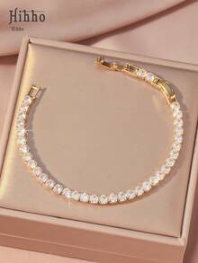 Hihho 1 件女士金手链，镶嵌耀眼方晶锆石的经典网球手链，配有延长链，长度可调，适合日常佩戴的珠宝，圣诞珠宝