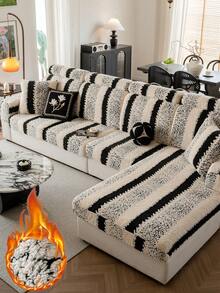 1 件加厚保暖提花软绒防滑沙发座垫套，时尚柔软亲肤防宠物弹力沙发套，秋冬防刮沙发裙适合 L 型组合沙发和 1/2/3/4 座沙发（单件出售） - 黑與白 - 查看 1