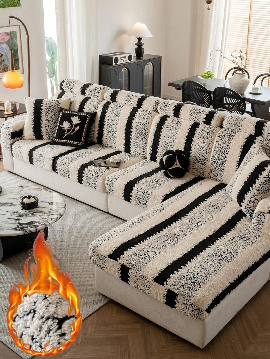 1 件加厚保暖提花软绒防滑沙发座垫套，时尚柔软亲肤防宠物弹力沙发套，秋冬防刮沙发裙适合 L 型组合沙发和 1/2/3/4 座沙发（单件出售） - 黑與白 - 查看 1