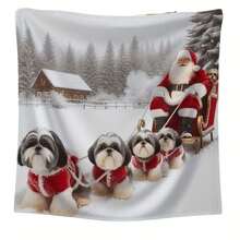 1pc Flannel Throw Blanket - Shih Tzu Dogs & Santa Sled Winter Scene - Soft Cozy All-Season Bedspread - Red & White Design - Washable Bed, Sofa, Office, Dorm, Car - Holiday Pet Lovers - Shih Tzu Dog Lover's Home Decor - Festive Pomeranian & Shih Tzu Print - Plush Flannel Fabric - Dust-Proof & Warm - Camping & Naps, Blankets - Multicolor - View 5