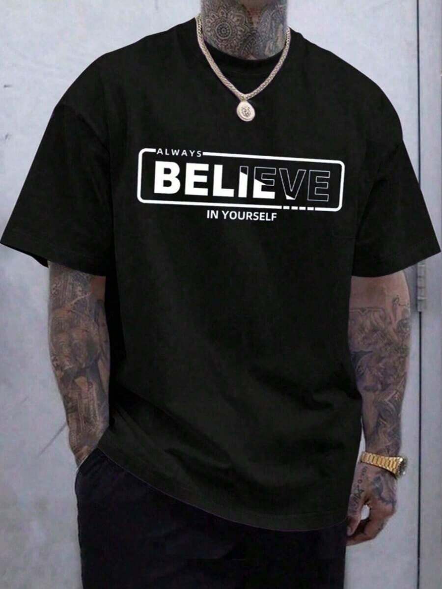 Men's T-Shirt With Slogan Print - Black - View 1