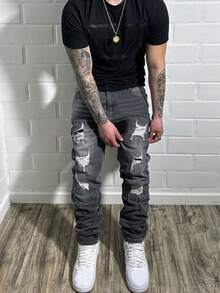 Jeans acampanados para hombres, jeans acampanados ajustados y desgastados, jeans apilados Y2K, jeans bordados con lavado de contraste, aptos para todas las estaciones - Negro - Ver 1