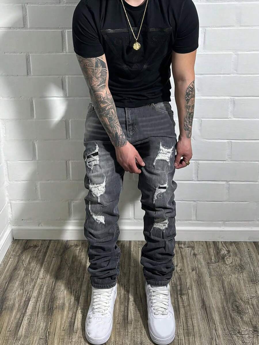 Jeans acampanados para hombres, jeans acampanados ajustados y desgastados, jeans apilados Y2K, jeans bordados con lavado de contraste, aptos para todas las estaciones - Negro - Ver 1