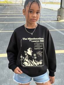 青少年女孩复古风格女孩印花圆领长袖毛衣套头衫秋冬款 - 黑色 - 查看 7