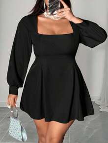 RNU Plus Size Women Elegant Woven Non-Stretch Solid Color Fabric Dress, Hidden Zipper Back, Puff Sleeves, Wide Collar, Plus Size New Autumn/Winter Outfit, Suitable For Concerts, Fashion Versatile Outerwear, Plus Size New Autumn/Winter Outfit, Suitable For Parties, Gatherings, Night Dates, Christmas, New Year, Wedding Guest Attire, Long Sleeve Versatile Short Dress