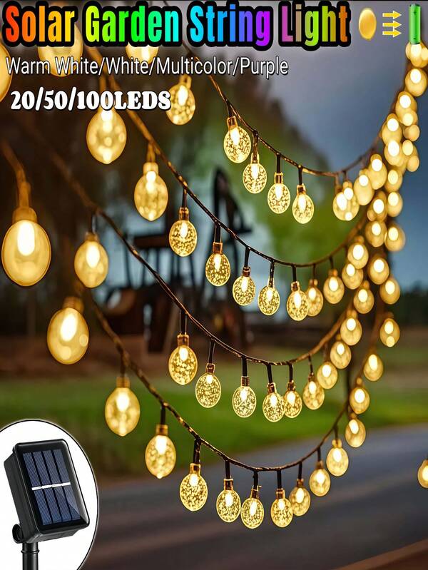 1pc Solar Outdoor String Lights, 20/50/100 LED Garden Lights, Solar Crystal Ball Lights, 8 Modes IP65 Outdoor Waterproof Christmas Lights, No Accessories Needed, 4 Colors, Warm White, White, Colorful, Purple Suitable For Gardens, Parties, Independence Day, Christmas, New Year, Festivals, Dance, And Birthday Decorations