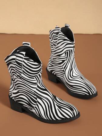 New Fashion Casual Zebra Print Thick Heel Open Toe Plus Size Daily Personalized Patchwork Stitching Slip-On Mid-Calf Boots For Women