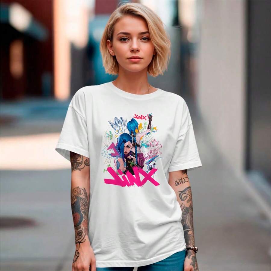 Camiseta Casual Jinx League OfLegends RiotGames Em Algodão - Branco - Visão 1