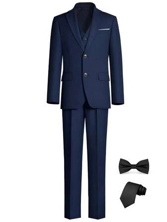 Tween Boys Suits Slim Fit 5 Piece Formal Dresswear Suit For Kids Tuxedo Wedding Set Toddler Boy Jacket With Vest, Pants, Tie And Bow Tie