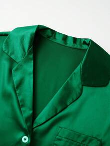Womens 2 Piece Satin Pajamas Set Short Sleeve Button Up Shirt + Ruffled Shorts Set Lounge Clothes - Green - View 4