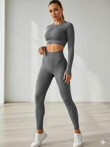 Plain Ribbed Leggings Polyamide Double Waist Textured Ribbed Leggings Evening Daily Birthday Party Sports & Fitness Airport Clothing Travel Formal & Evening Holiday - 灰色 - 查看 5