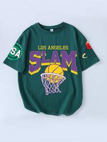 男童篮球印花圆领T恤，休闲柔软夏季青少年上衣 - 墨綠色 - 查看 6