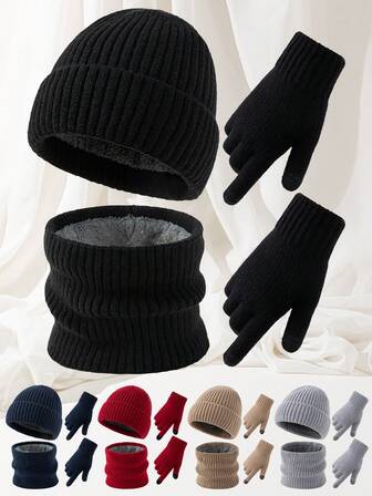 1 Set Unisex Outdoor Solid Color Hat, Gloves & Scarf 3-Piece Set, Soft, Comfortable, Stretchy, Thermal Lined, Suitable Forg, Knit Beanie, Versatile For Daily Wear, Autumn/Winter