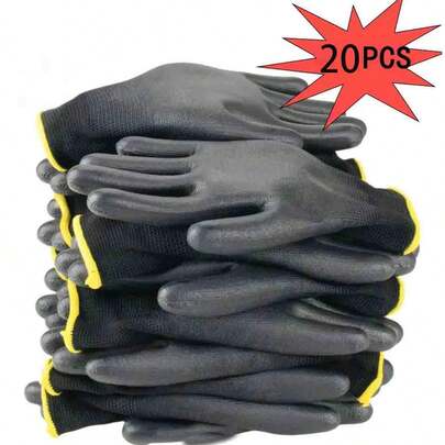 20只装PU涂层安全工作手套，适用于建筑、木工和园艺，工业防护手套，维修手套，防滑、耐磨、耐用、增强抓握力，适合草坪护理和户外使用，保护手部。