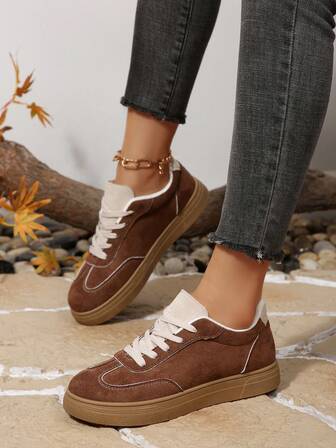 棕色系带休闲运动鞋，时尚百搭仿麂皮运动鞋，学生鞋，适合所有季节
