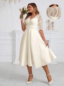 Plus Size Women Bridal Gift Party Dress, Elegant And Romantic Lace V-Neck Short Sleeved Satin Sexy Medium Length Evening Gown, Valentine's Day - Apricot - View 1